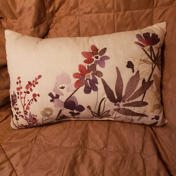 Embroidered Floral Rectangular Pillow Off White Rust Lavender Gray - Picture 1 of 5